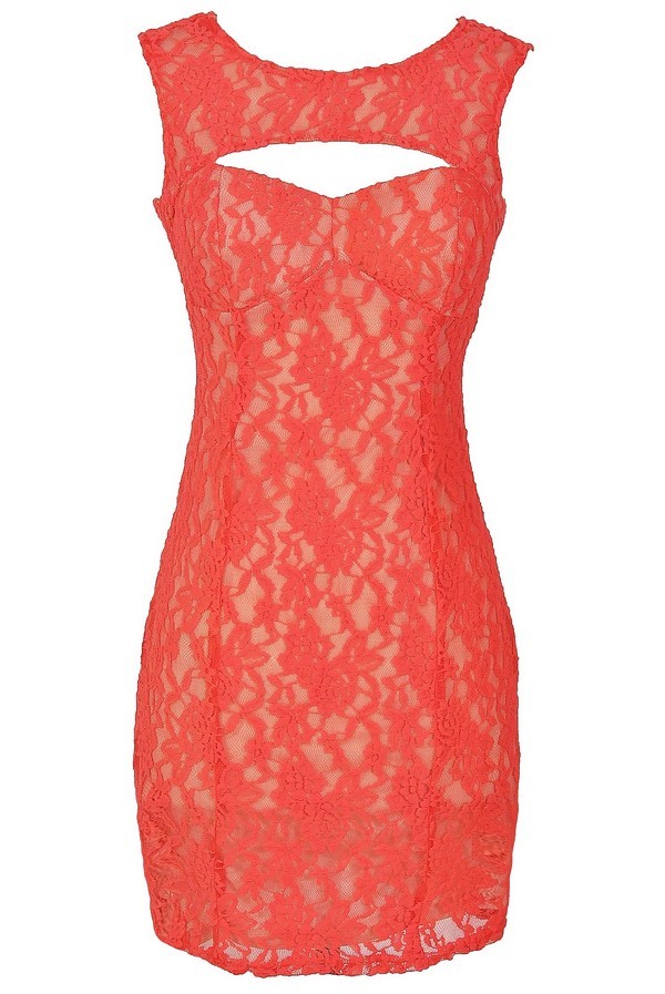 Lace Cutout Bustier Bodycon Designer Dress in Coral Lily Boutique
